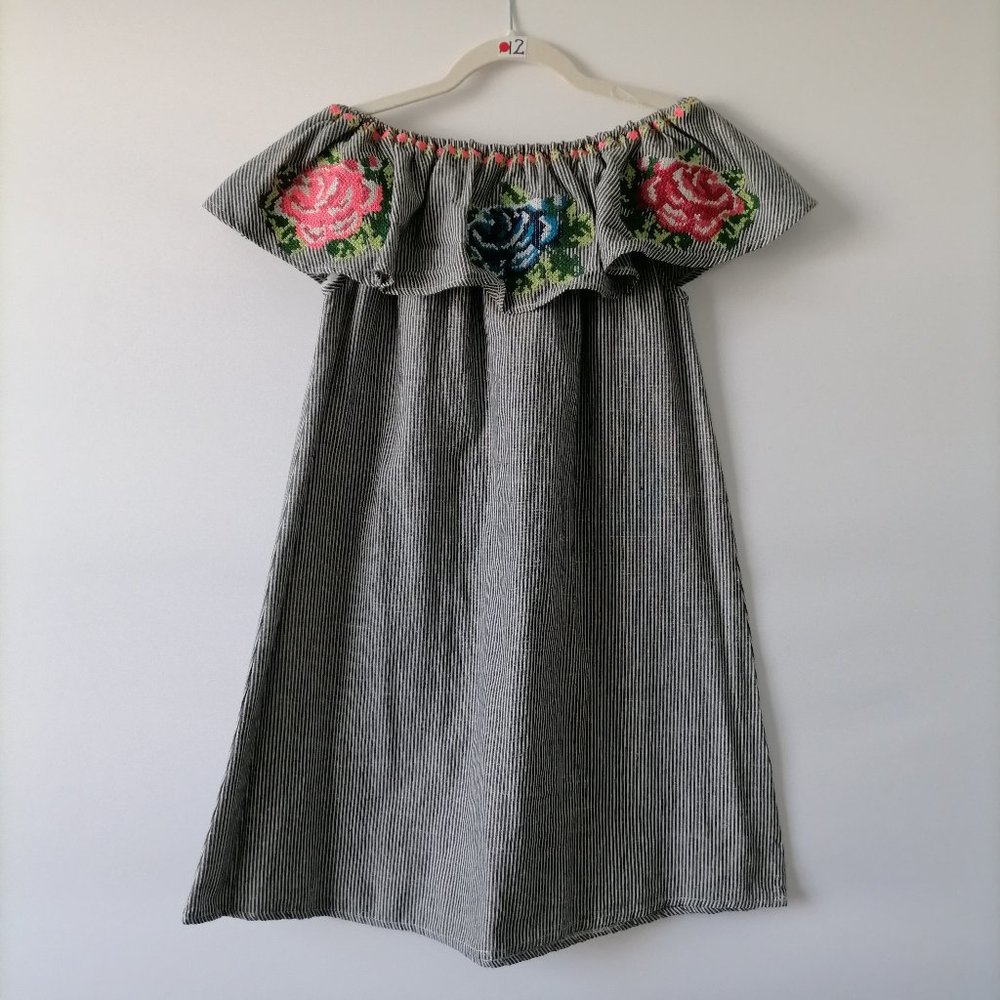 Velzera Women's Gray Striped Dress Off The Shoulder Floral Embroidered Size S
